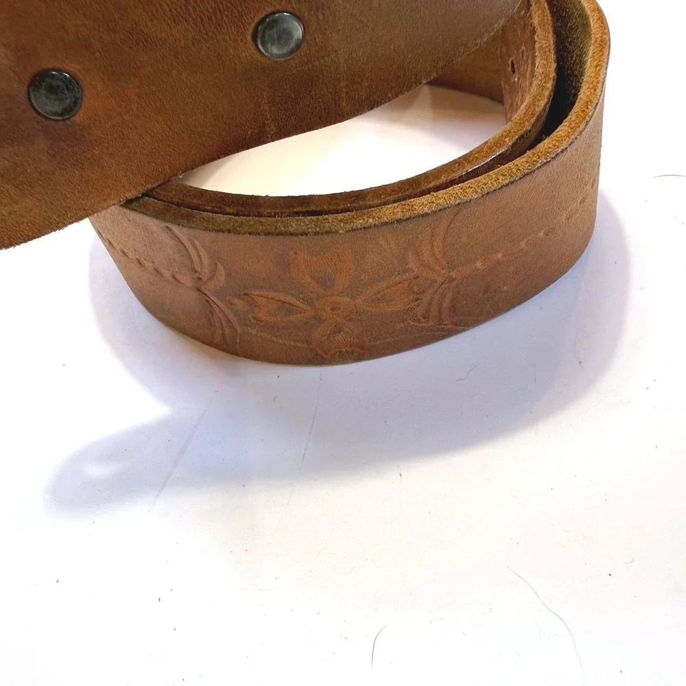 Vintage Tooled Leather Belt Strap Brown Floral Palm Tree Snap On 1.75 Inch Sz